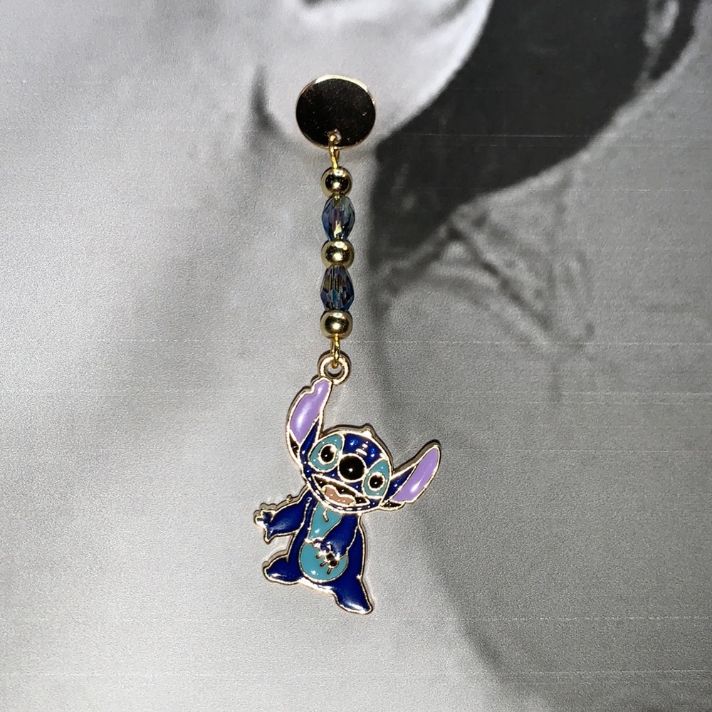 Stitch Charm on 18k Gold Plated Stud Post with glass and gold beads handcrafted